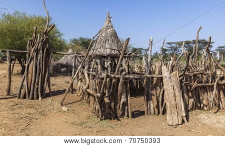 Traditional Tsemay Houses. Small Village In Tsemay Territory Near Weita. Omo Valley. Ethiopia.