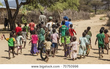 Tsemay Children In Traditional Tribal Village. Weita. Omo Valley. Ethiopia.