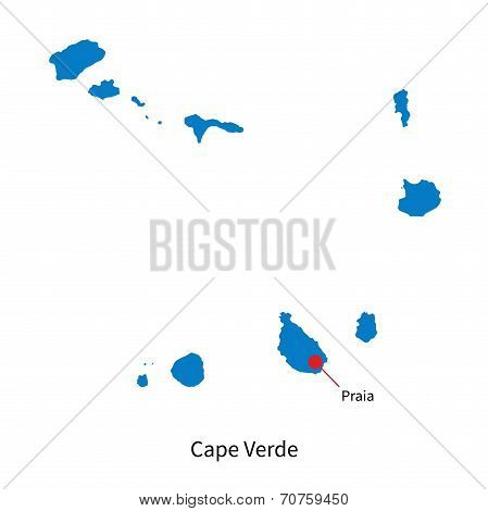 Detailed vector map of Cape Verde and capital city Praia