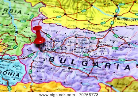 Sofiya pinned on a map of europe