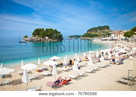 Beautiful city sand beach on Ionian Sea in Parga, Greece.