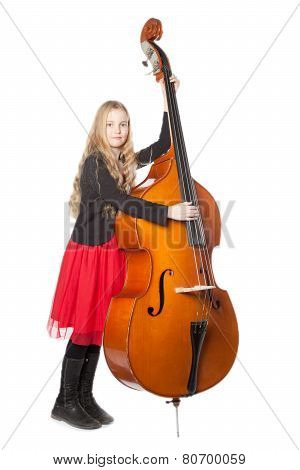 Young Girl Plays Double Bass In Studio