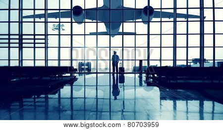 Pilot Airport Terminal Waiting Standing Alone Travel Concept