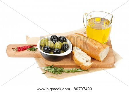 Italian food appetizer of olives, bread and spices. Isolated on white background
