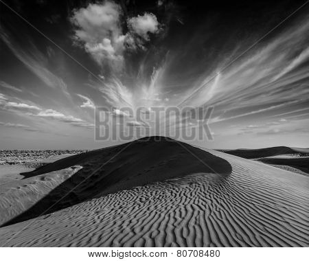 Dunes of Thar Desert. Sam Sand dunes, Rajasthan, India. Black and white version