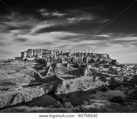 Mehrangarh Fort and Padamsar Talab and Ranisar Talab lakes , Jodhpur, Rajasthan, India. Black and white
