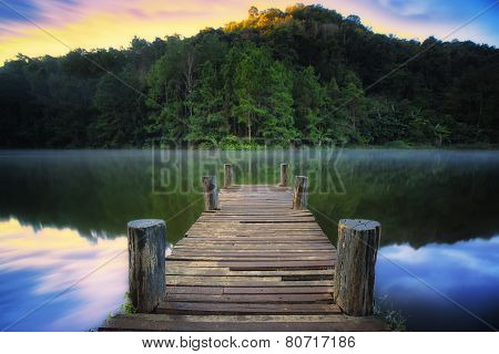 Wooded Bridge Over The River In Pang Ung Park