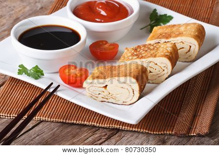 Japanese Omelet Tamago With Sauce, Horizontal