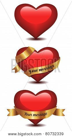 Red hearts with golden ribbon .Vector illustration
