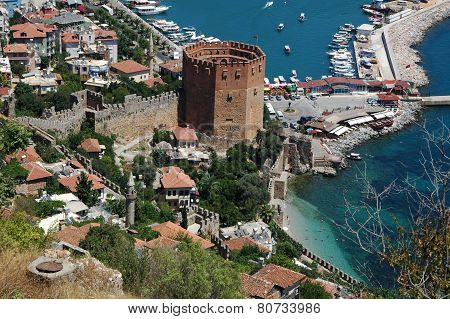 The Red Tower in Alanya, Turkey, general view from above with the  Mediterranean sea