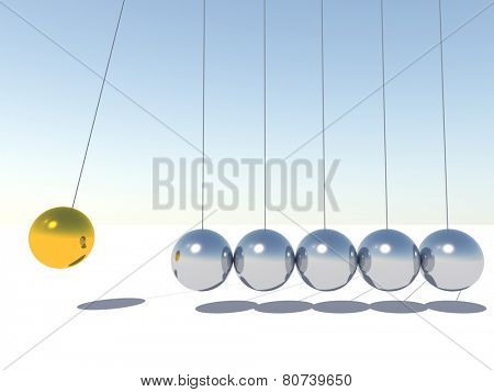 Concept or conceptual 3D metal silver and gold creative sphere Newton cradle pendulum over a sky background