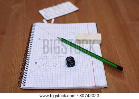 Study Place With Calculator And Painkillers In Background