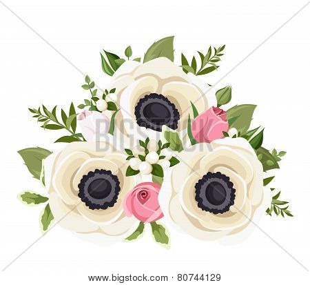 Bouquet of white anemone flowers and pink rosebuds. Vector illustration.