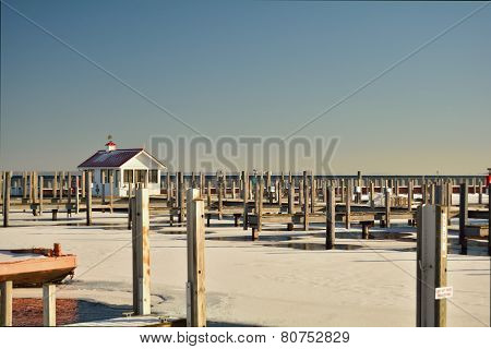 Docks in winter at empty public great lakes marina