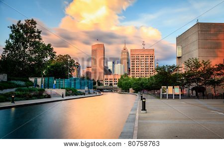 Indianapolis skyline at sunset
