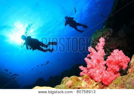 Scuba diving on coral reef in ocean