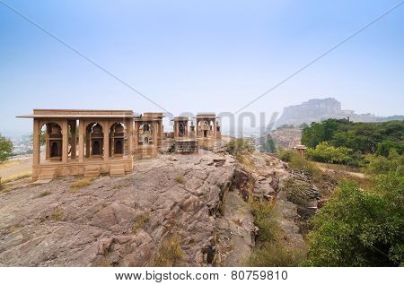 Jaswant Thada Mausoleum With Mehrangarh Fort In The Background