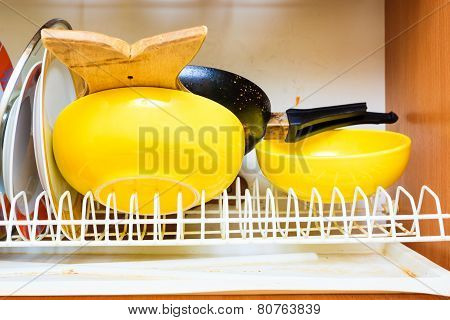 Dirty Grubby Drainer With Clean Dishes In Kitchen.