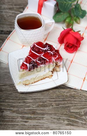 Cup Of Tea, Piece Of Cake And Red Rose
