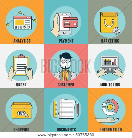 Set Of Flat Concept Icons For Web And Mobile Services. Icons For Mobile Marketing, Email Marketing