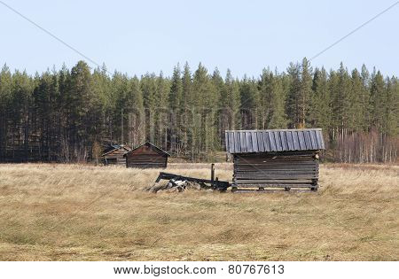View of wooden barns at a marshland area in autumn, fall.