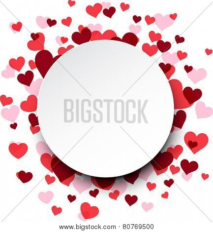 Love background with pink hearts. Paper round note. Valentine's greeting card. Vector illustration. 