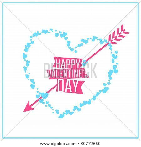 Happy Valentine's day greeting or invitation card with heart of particles and arrow. Vector illustra