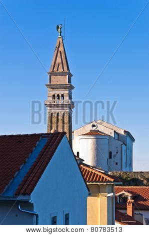 Saint George church and bell tower at city of Piran in Istria