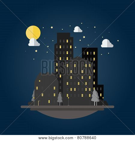 Flat Design Of Cityscape At Night
