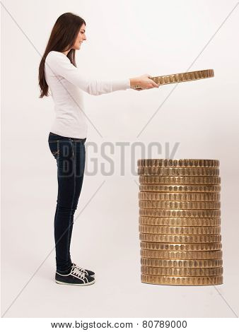 Woman collecting coins