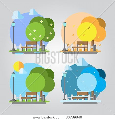 Flat Design Four Seasons Park Illustration