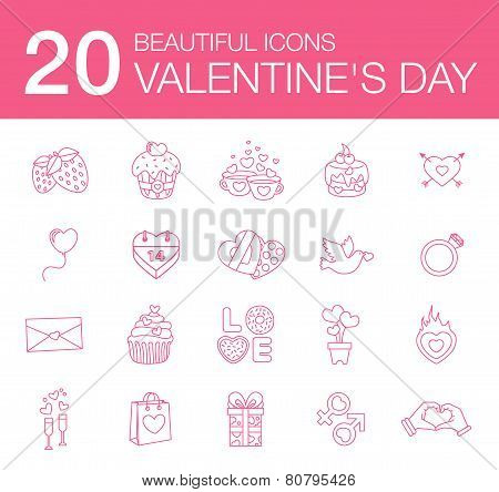 Illustration modern flat icons for Valentines Day, design elements, isolated on white background - v