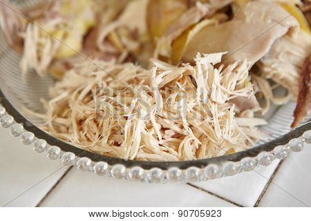 Shredded chicken for the ingredient for Soto, the traditional Indonesian chicken soup