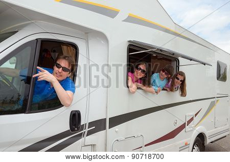 Family vacation, RV travel with kids, happy parents with children on holiday trip in motorhome