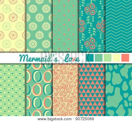 Set of 10 simple seamless patterns. Mermaids Love color palette.