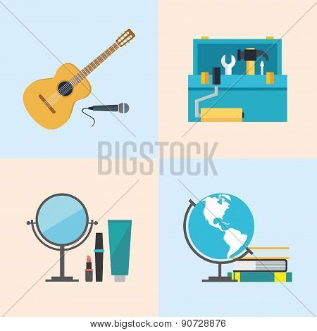 Set icons, flat design, beauty, toolbox, studies, music