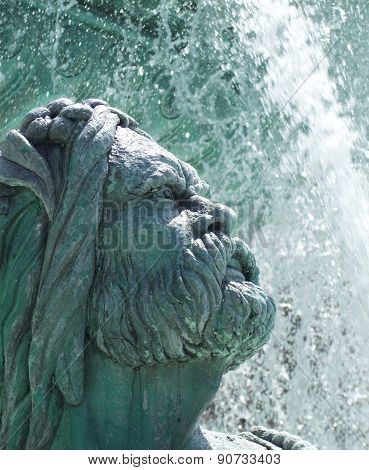 Face Of Sculpture In Water Fountain