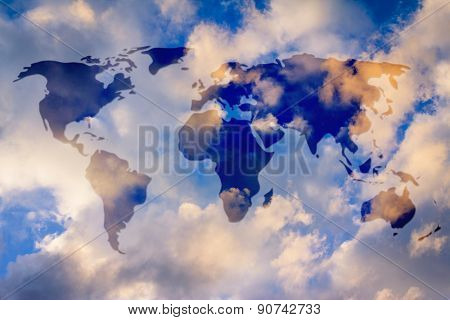 World Map Overlay In Semi-transparence Over A Sky Background