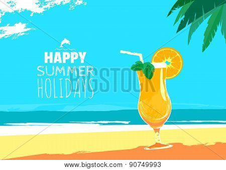 Fresh Orange Juice On Tropical Beach