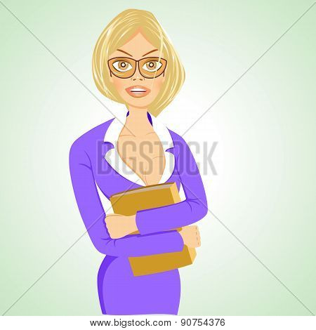 business woman with glasses standing with folder