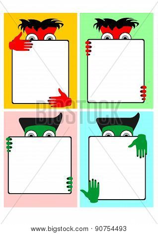 cartoon characters showing banners