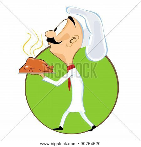 cartoon chef carrying tray with chicken