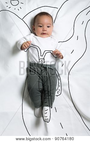 Cute baby boy decorated riding bicycle