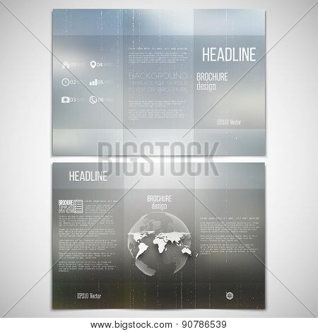 Vector set of tri-fold brochure design template on both sides with world globe element. Abstract blu
