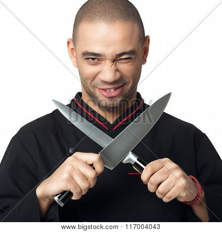 Afro American Professional Cook Holding Knifes - Isolated.