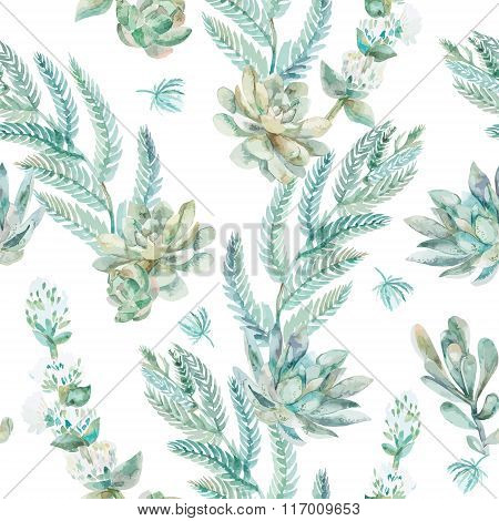 Vector floral seamless pattern. Succulents, ferns, thorns.