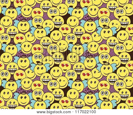 Seamless Doodle Pattern With Fun Positive Emoticon Expressions. Smile, Wink, Angel, Surprised, In Lo