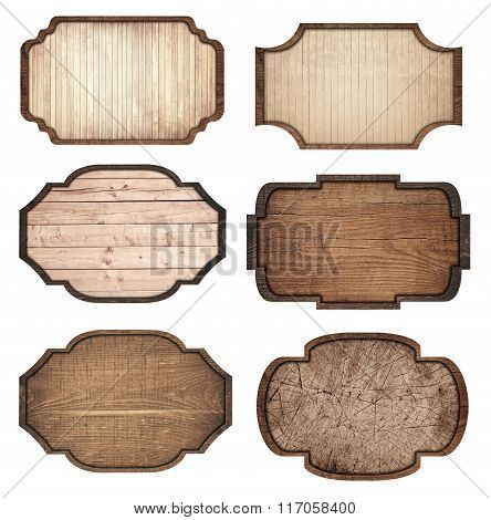 Set of brown wooden signboard, planks and dark frames are isolated on white background
