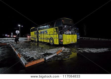 Moscow region, Russia, February, 4, 2016: long-distance bus on a bus station in Moscow region, Russia