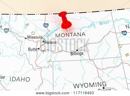 Red Thumbtack Over Montana State Usa Map